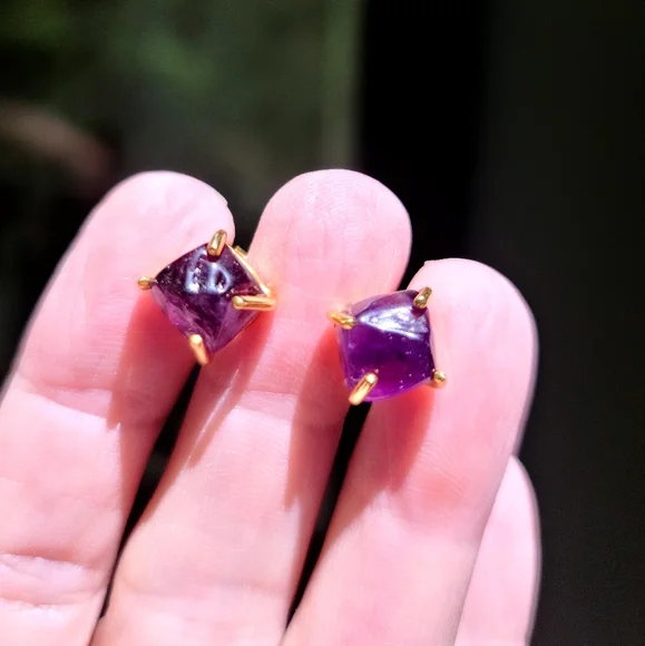 Amethyst Pyramid nugget earrings sterling &gold - Picture 1 of 8
